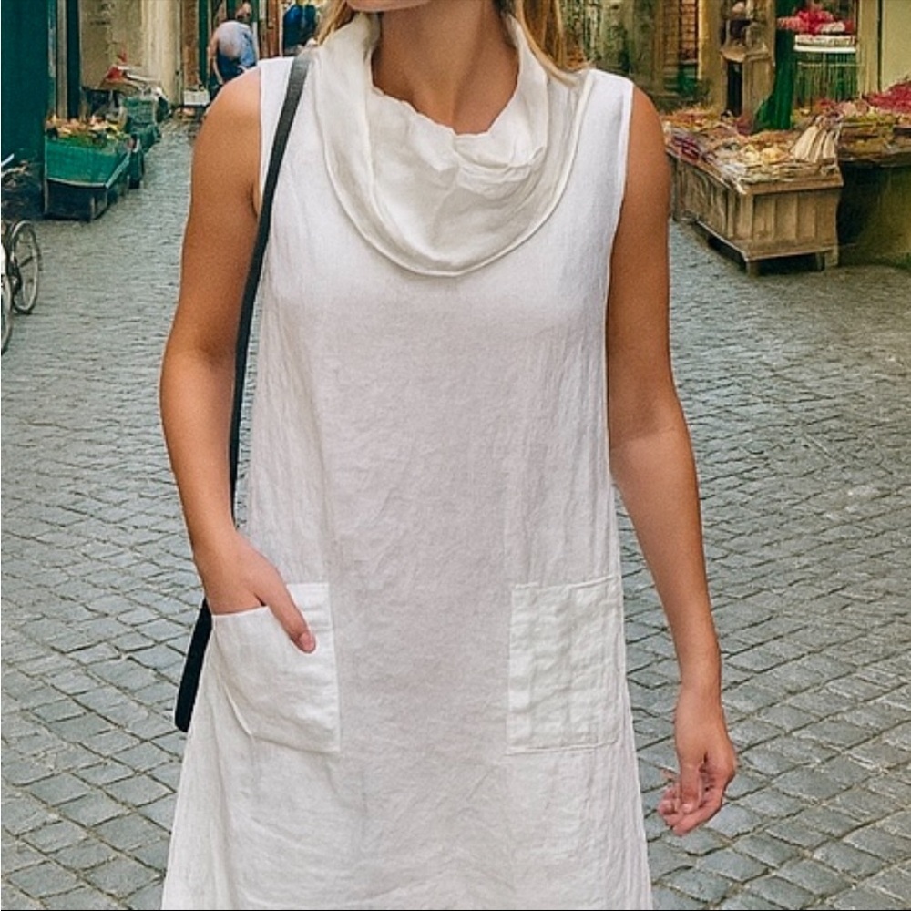 Sleeveless White Linen Cowl Neck Dress